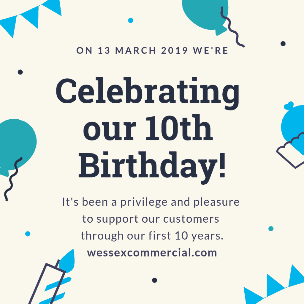 Celebrating our 10th birthday on 13 March 2019! Bunting, balloons and candles.