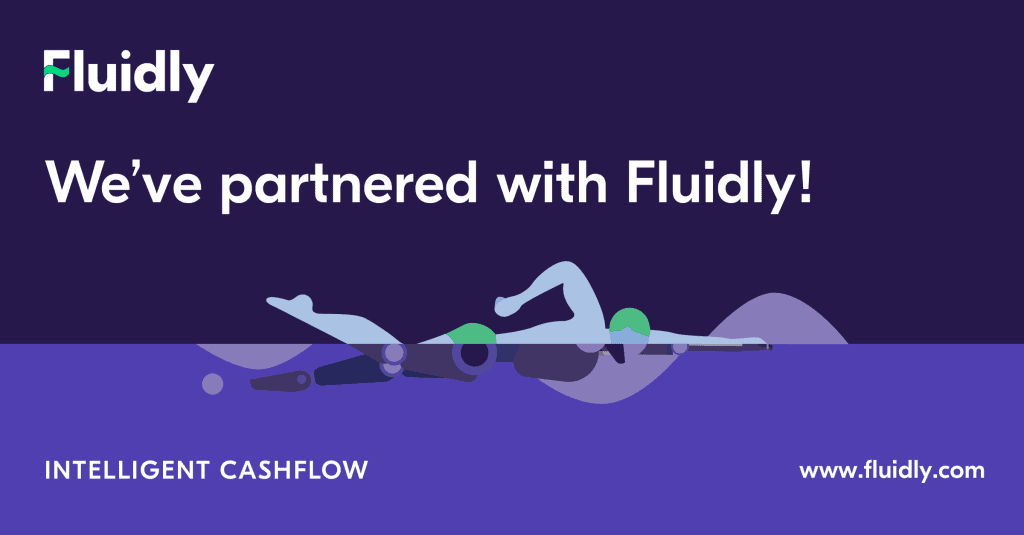 Graphic says 'Fluidly: we've partnered with Fluidly! Intelligent Cashflow www.fluidly.com" and shows a swimmer